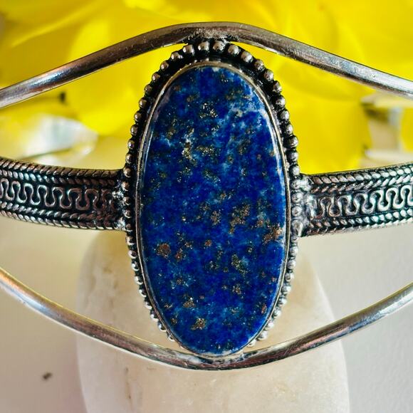 925 Sterling Lapis Lazuli Bangle  Cuff Bracelet - Picture 1 of 7